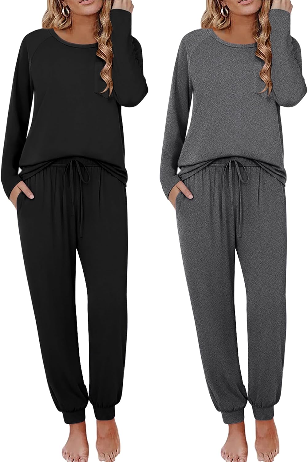 Ekouaer 2 Pack Womens Pajamas Set Long Sleeve Sleepwear Top and Jogger Pants Lounge Sets Cozy Pjs Loungewear S-XXL Large Black+dark Gray - Image 1 of 6