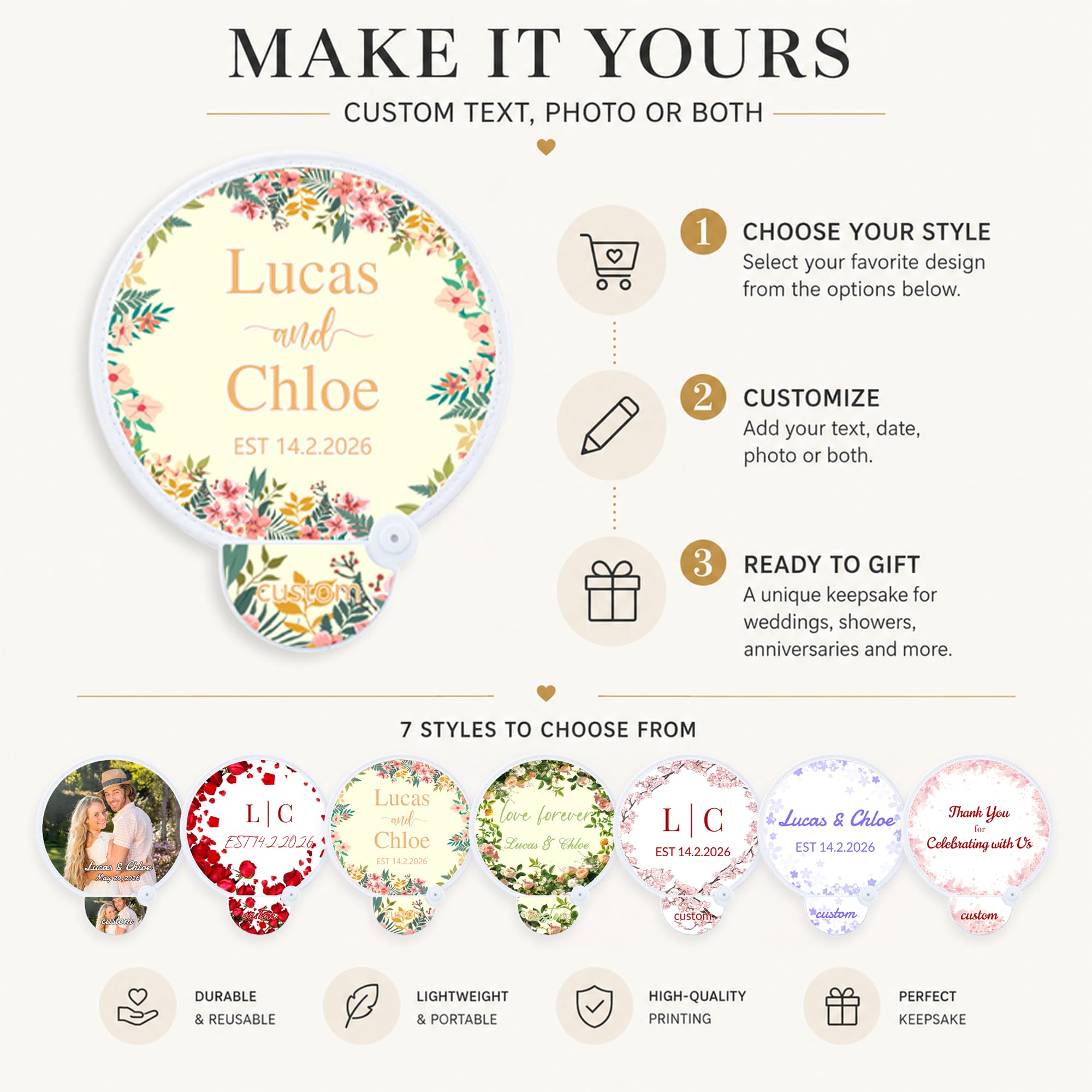 50 Piezas Abanicos Redondos Plegables Personalizados, Portátil Abanico Personalizado para Boda con Foto y Texto, Detalles de Boda para Invitados, Regalo en Eventos al Aire Libre y Fiestas