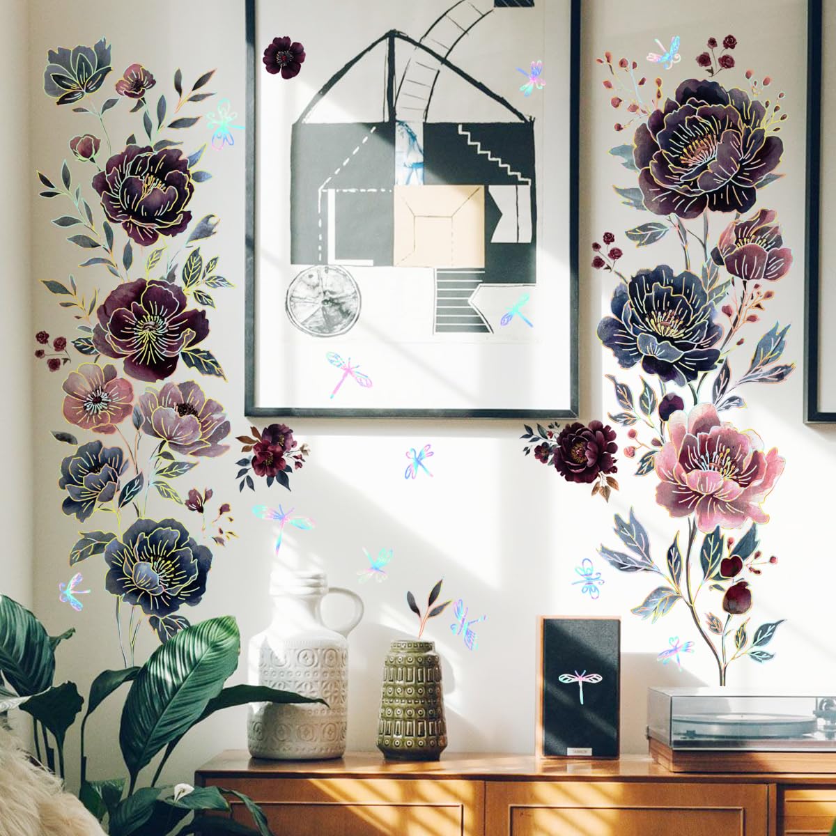 WandSticker4U® - Elegant Wall Sticker Flowers Peonies Blue/Purple/Gold (78 x 92 cm) I XXL Wall Sticker Peonies Large Flowers Vintage I Wall Decoration Living Room Bedroom Kitchen Furniture Sticker