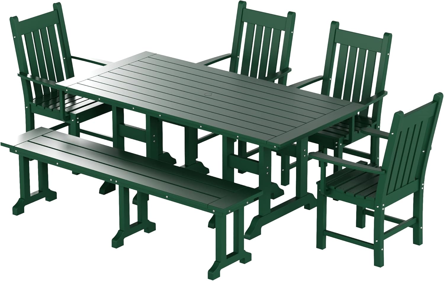 WO Home Furniture Adirondack Patio Dining Chair Table Bench Set of 6 PCS Rectangle Dinner Table Dining Arm-Chairs (Dark Green)