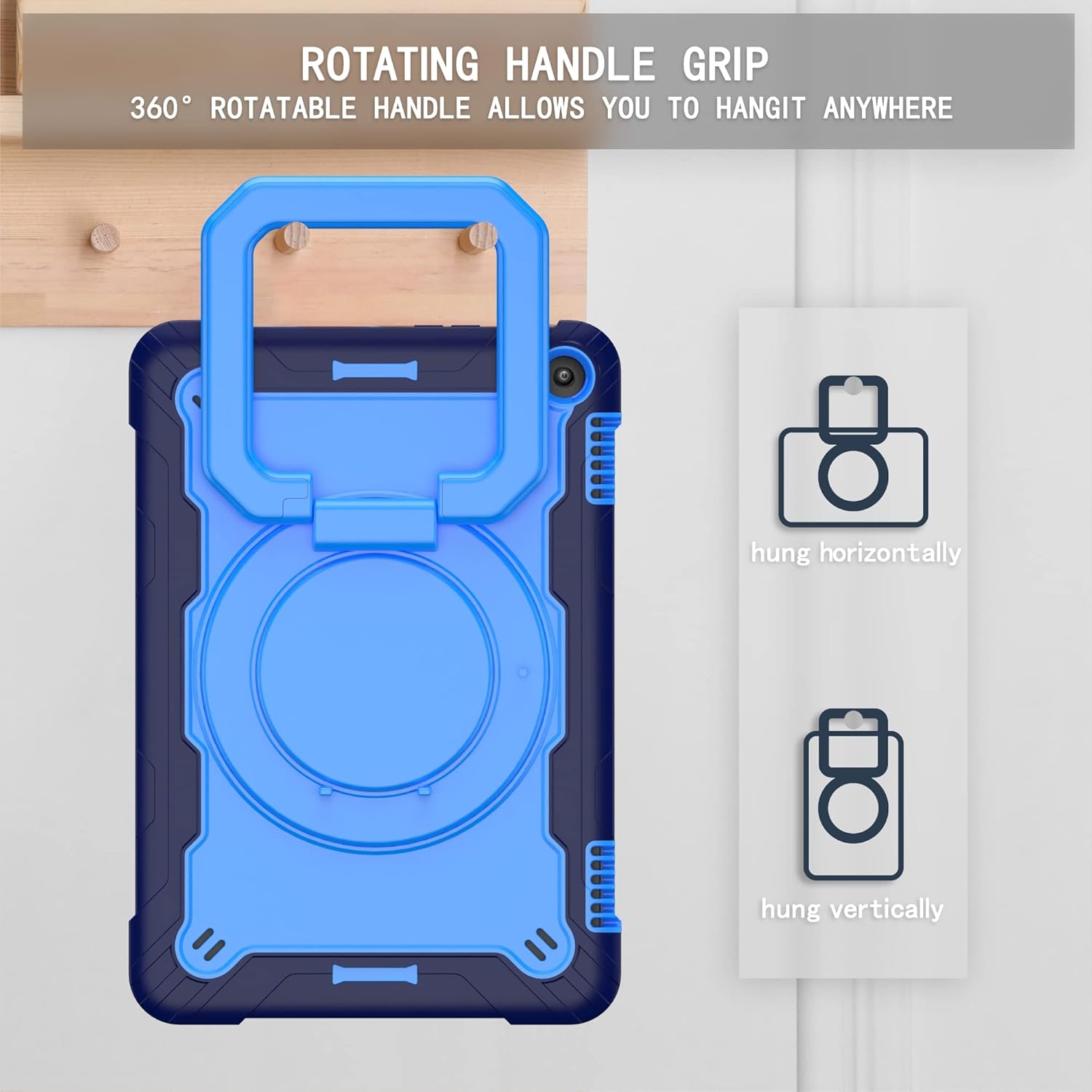 Case for Fire HD 8 & HD 8 Plus Tablet 2022 (ONLY Fit 12th Generation) with 360° Rotating Kickstand/Handle/Shoulder Strap Heavy Duty Drop Protection Shockproof Rugged Cover, Navy Blue + Blue