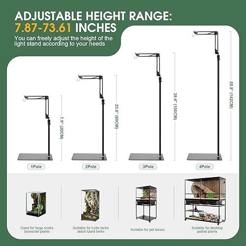 Adjustable Reptile Heat Lamp Stand with 360° Swing Arm – Multi-Height Floor Light Holder for Bearded Dragons, Turtles, Snakes, Chicks, Plants (19.98-142cm Height, 33x21cm Stable Base)
