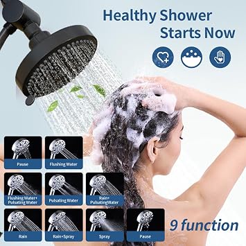 Tandem Shower, Dual Shower Heads For Couples & Handheld Head, High Pressure and Adjustable Double Shower Heads and 3-Setting Diverter Shower System, Gifts For Women Men (Black)