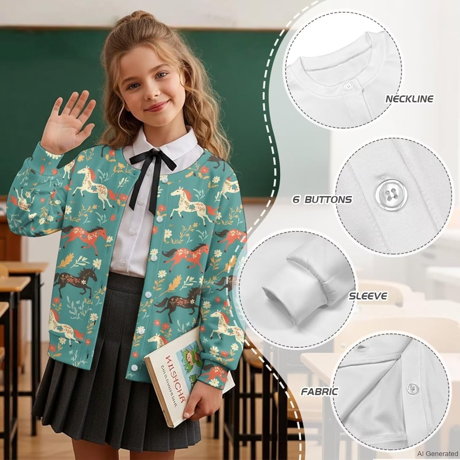 Girls Cardigans Sweater Long Sleeve Crew Neck Button Down Sweaters School Outerwear for Kids Fall Winter Tops
