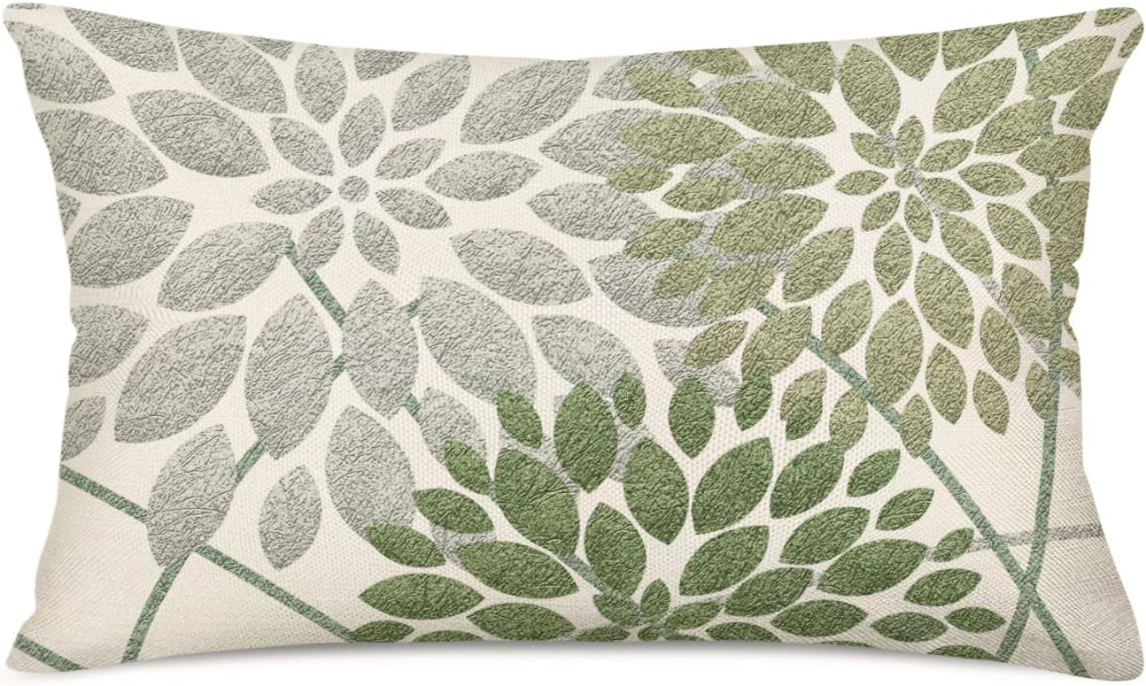 Dahlia Floral Pillow Covers 12x20 Inch Summer Geometric Flower Leaves Sage Green Throw Waist Pillow Cover Cushion Cases Cotton Linen Rectangular Pillow Case for Sofa Couch Indoor Outdoor Decor