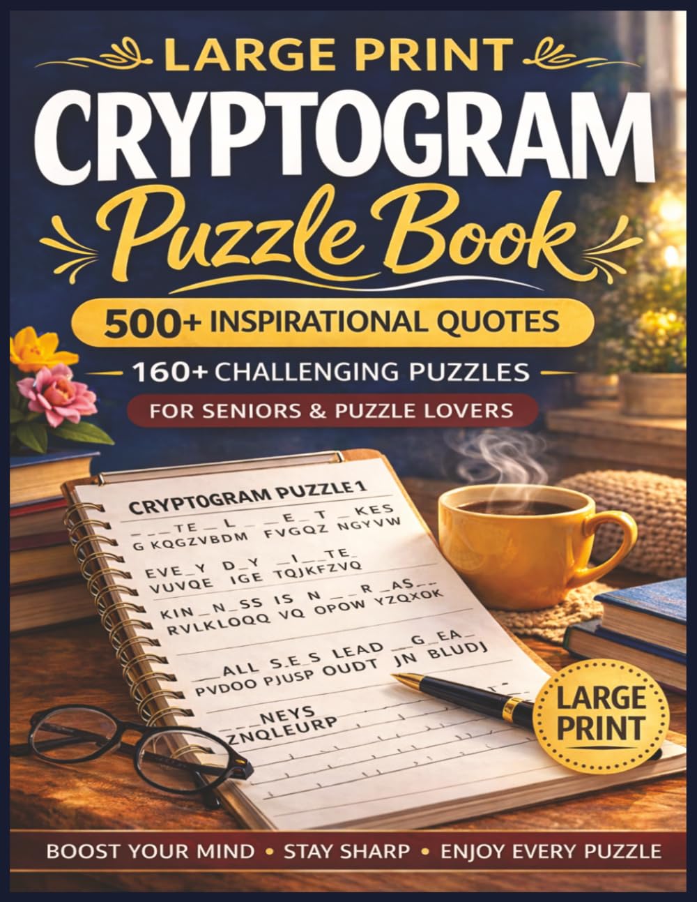 Large Print Cryptogram Puzzle Book for Seniors: 500+ Inspirational Quotes Hidden in 160+ Challenging Puzzles | Fun Brain Games with Solutions (Senior Puzzle Series)