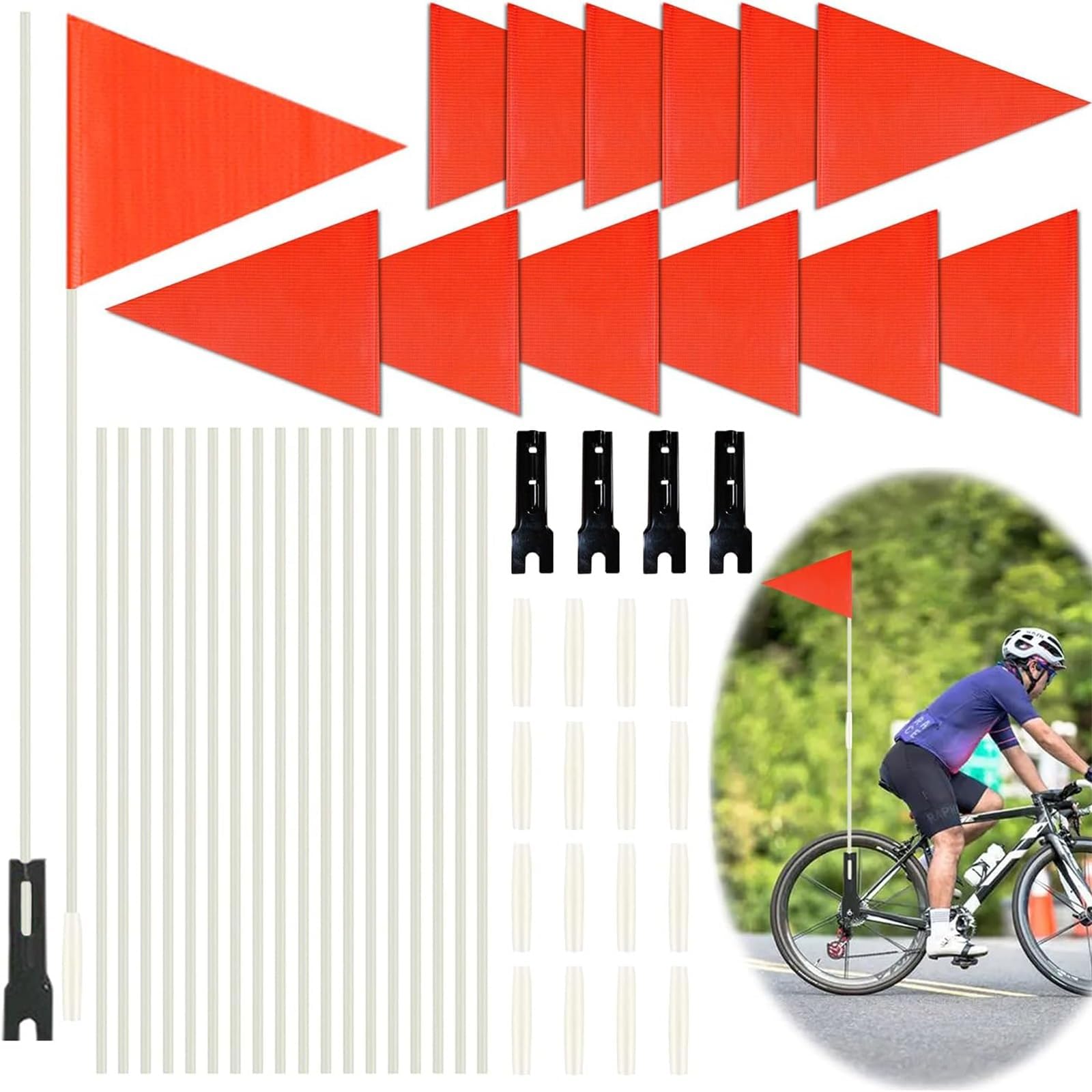THE WHITE SHOP Bike Flag 12 Pcs 6 Feet High Visibility Safety Flag with Heavy Duty Fiberglass Flag Pole Tear-Resistant Polyester Bicycle Flag and Cycling Handlebar USA Flag Waterproof Cycle Flag with