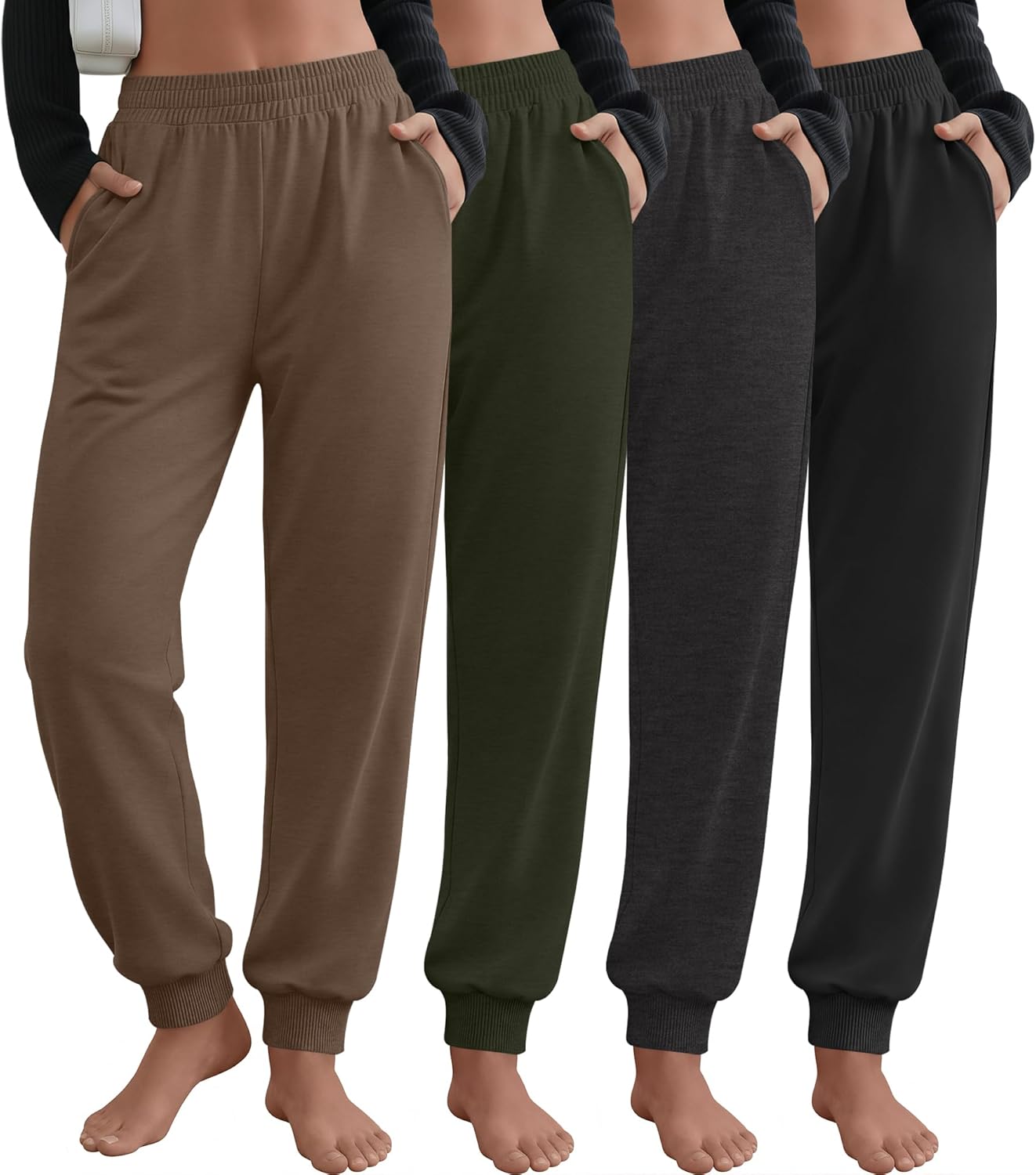 4 Pack Women's Jogger Pants with Side Pockets Drawstring Elastic Waist Sweatpants Ribbed Cuff Bottom Lounge Pants