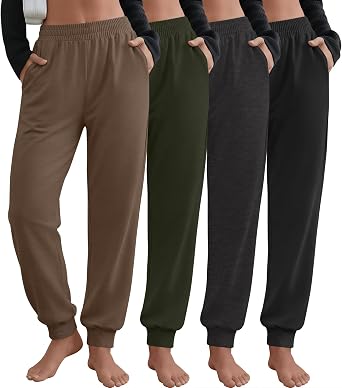 4 Pack Womens Jogger Pants with Side Pockets Drawstring Elastic Waist Sweatpants Ribbed Cuff Bottom Lounge Pants