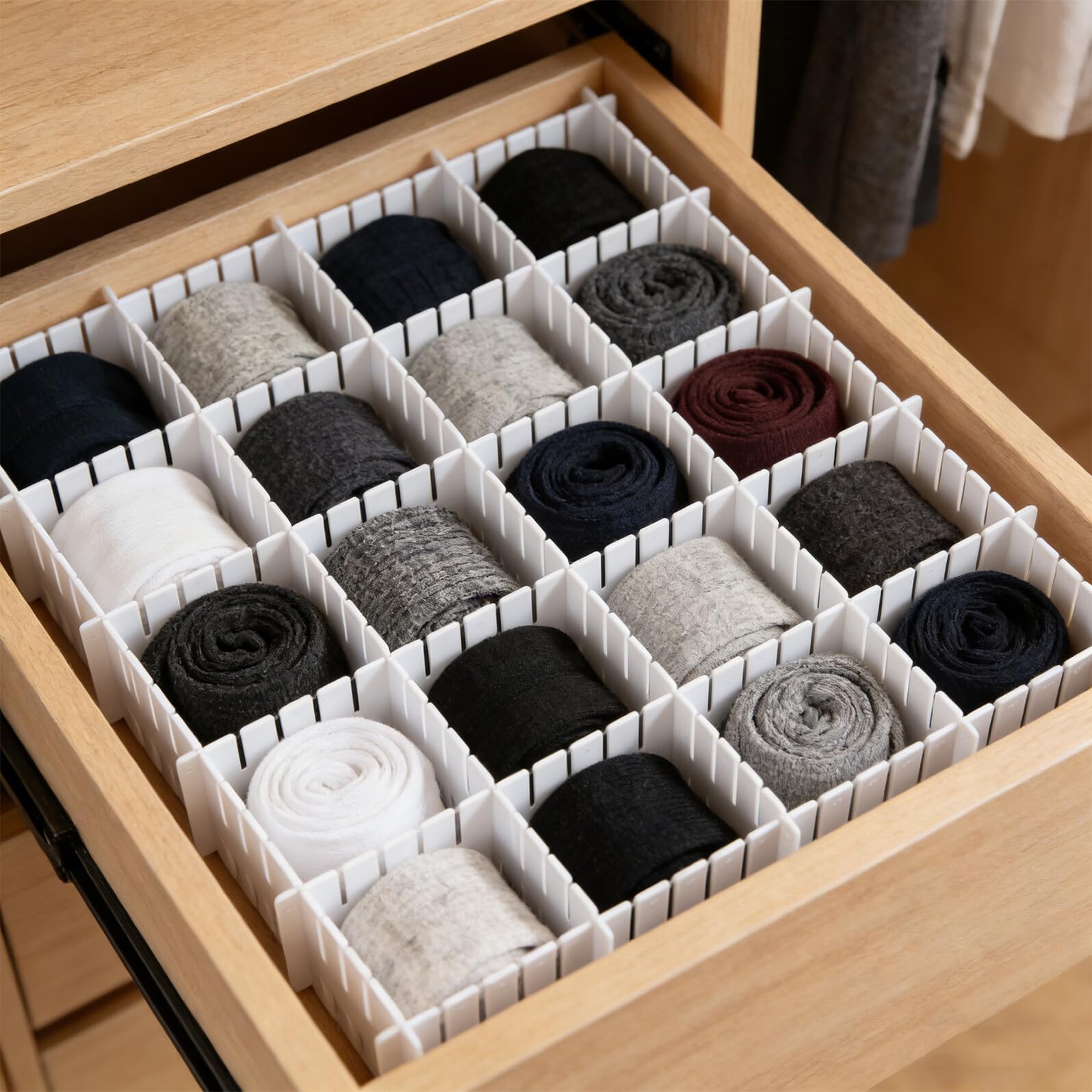 Divisori per Cassetti in Plastica Regolabili 24 Pezzi, Organizer a Griglia per Cucina, Ufficio e Camera da Letto, Divisori Multifunzionali per Piccoli Cassetti e