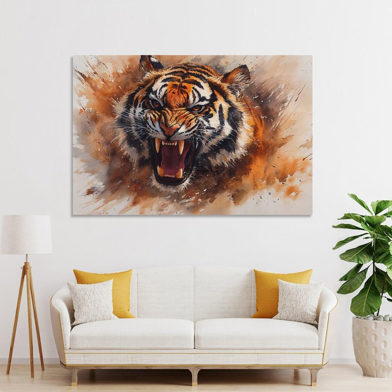 Junmoney Wall Picture Print Watercolor Painting of An Angry Tiger, 24x36inch(60x90cm), for Living Room, Lounge Or Sitting Room, A Home Accent with Warm Character