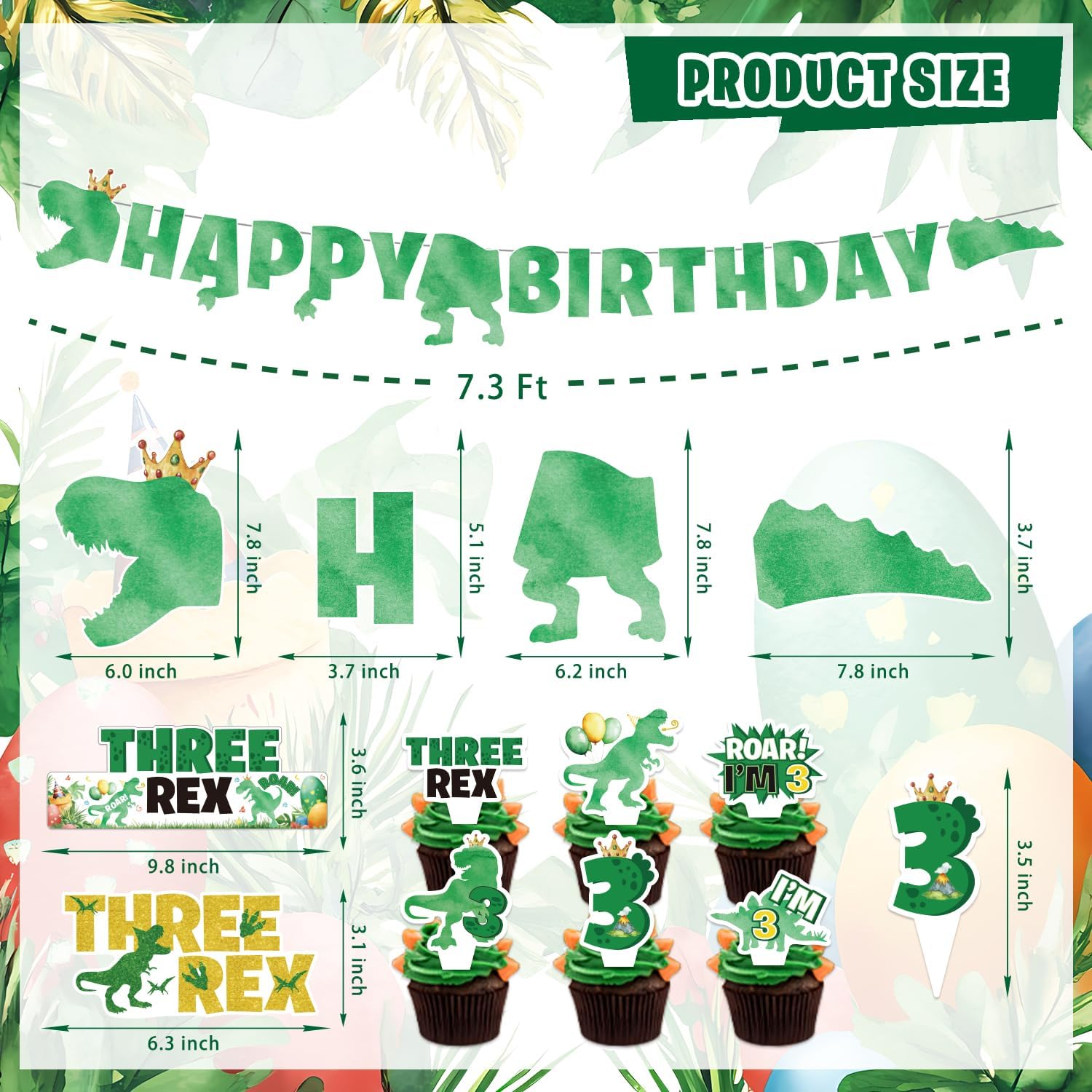 Dinosaur 3rd Birthday Decorations for Boys, 132Pcs Three Dino Rex Dinosaur Party Decor Supplies - Backdrop, Banner, Tablecloth, Centerpieces, Temporary Tattoos, Fans Pompoms, Wall Signs