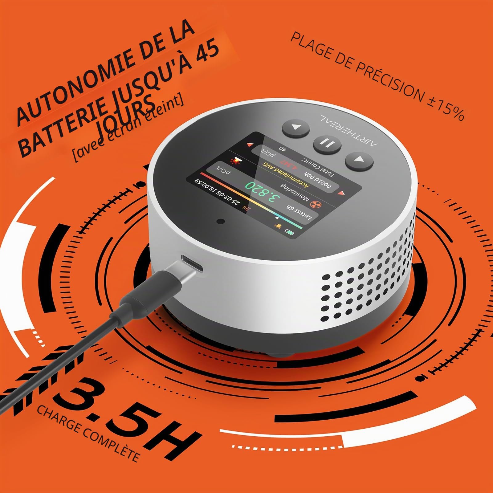Airthereal Détecteur de Radon Portable – Stockage des données 504 Jours, écran LCD Couleur, résultats Rapides en 6 h, Longue autonomie de la Batterie, Alarme sonore et visuelle – Version 2025