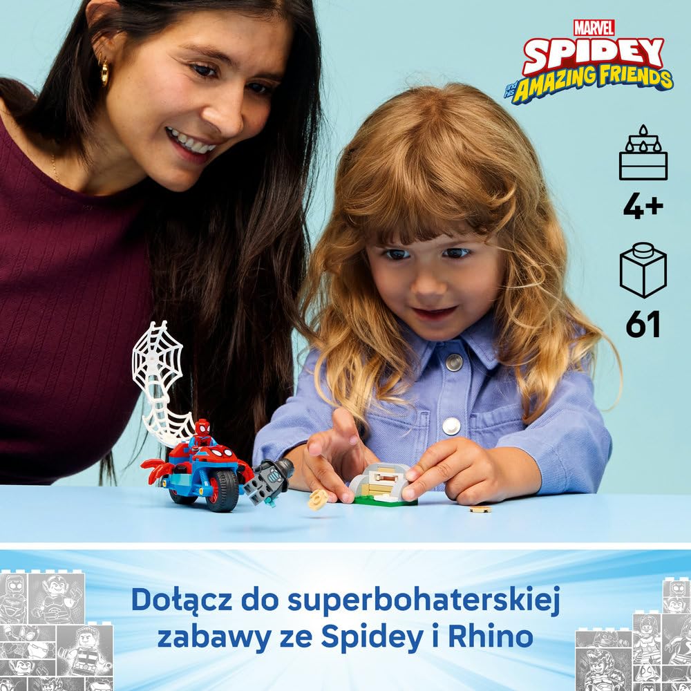 LEGO Spidey Spidey na motocyklu kontra Rhino 11206 | motocykl superbohatera, zestaw z figurkami, prezent dla dzieci 4+, prosty zestaw startowy, 61 elementów