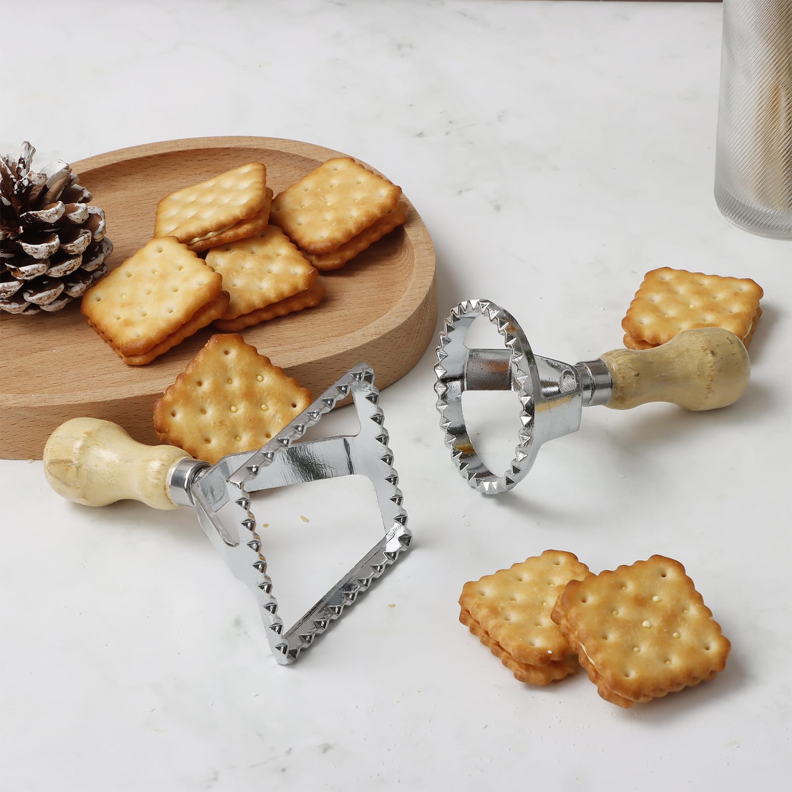 Ravioli - Cortador de sellos con juego de ruedas de rodillo, molde con mango de madera y borde estriado, accesorio de cocina para prensa de pasta, juego de 4