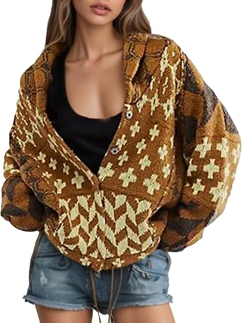 Shawl Collar Cardigan Women, Boho Sweater Button down Drop Shoulder Y2k Print Jacket Sweater Oversized Cardigans