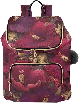 Women Backpack Hibiscus Golden Leaves Anti-Theft Travel Bag with Luggage Belt Quilted Barrel Commute Daypack Weekend Getaway Daily Casual Holiday Present