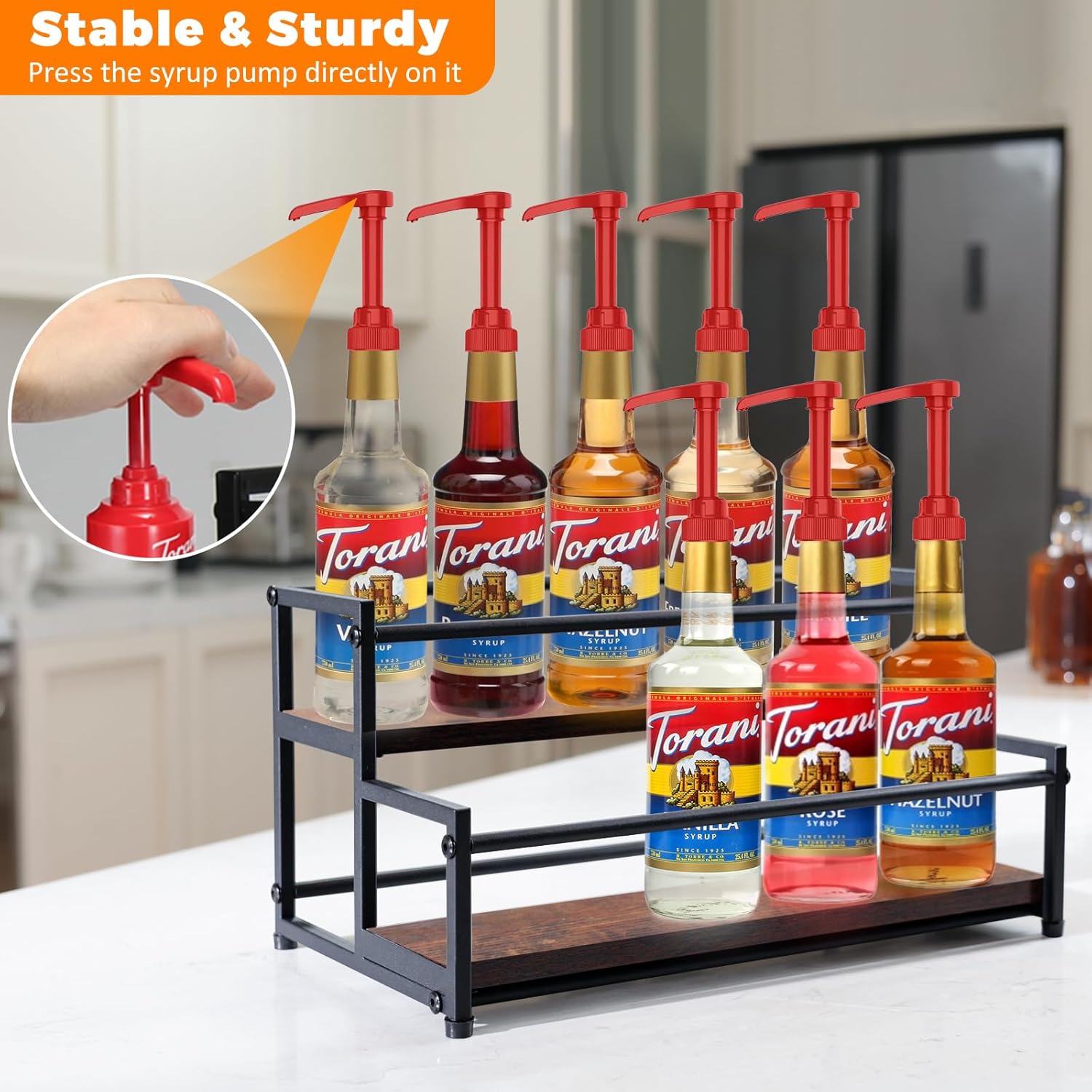Coffee Syrup Rack Organizer - 2-Tier 10 Syrup Bottles Holder for Coffee Bar, Liquor Bottle Display Shelf - Rustic Kitchen Cabinet for Spices, Jars - Stepped Pantry Shelf for Wine, Tea & Bottles 2 Tier