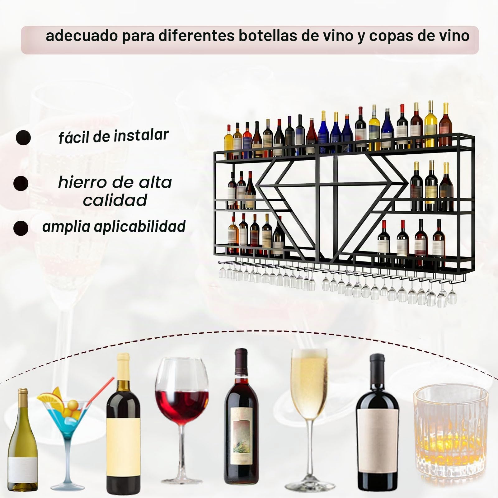 Botellero de Vino de Pared, Grande Estante de Vino Decorativo Industrial de Metal con Portavasos para Copas, Estante Flotantes para Exhibición De Vinos Botellero para (Gold, 3 Tier,200cm)