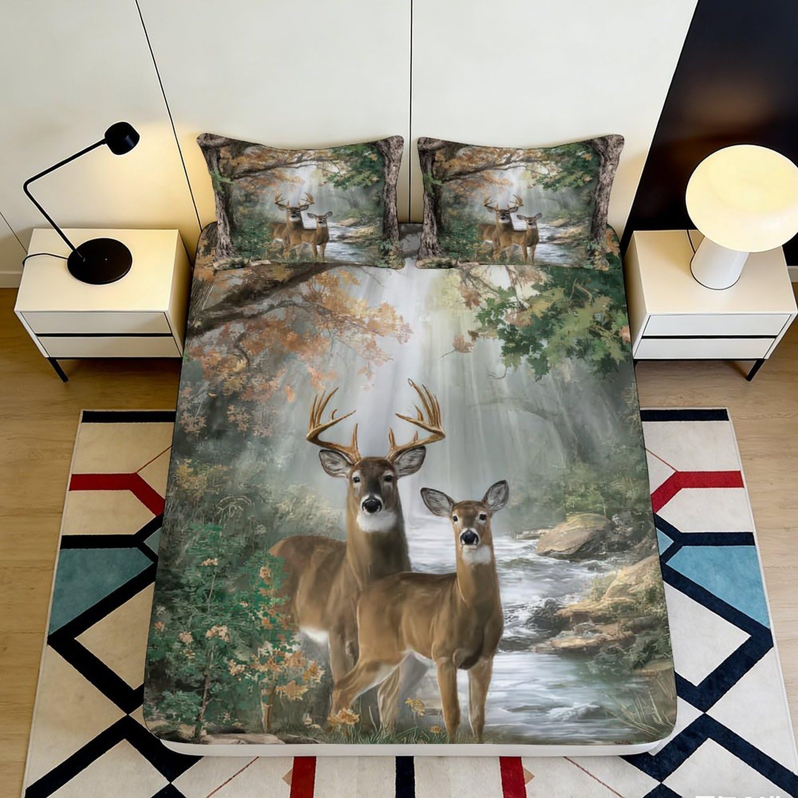 3D Printed Deer Forest Fitted Sheet Microfiber Soft Breathable Woodland Stream Bed Cover for Bedroom Dormitory Guest Room Mattress Protection Decor 200x200x25cm