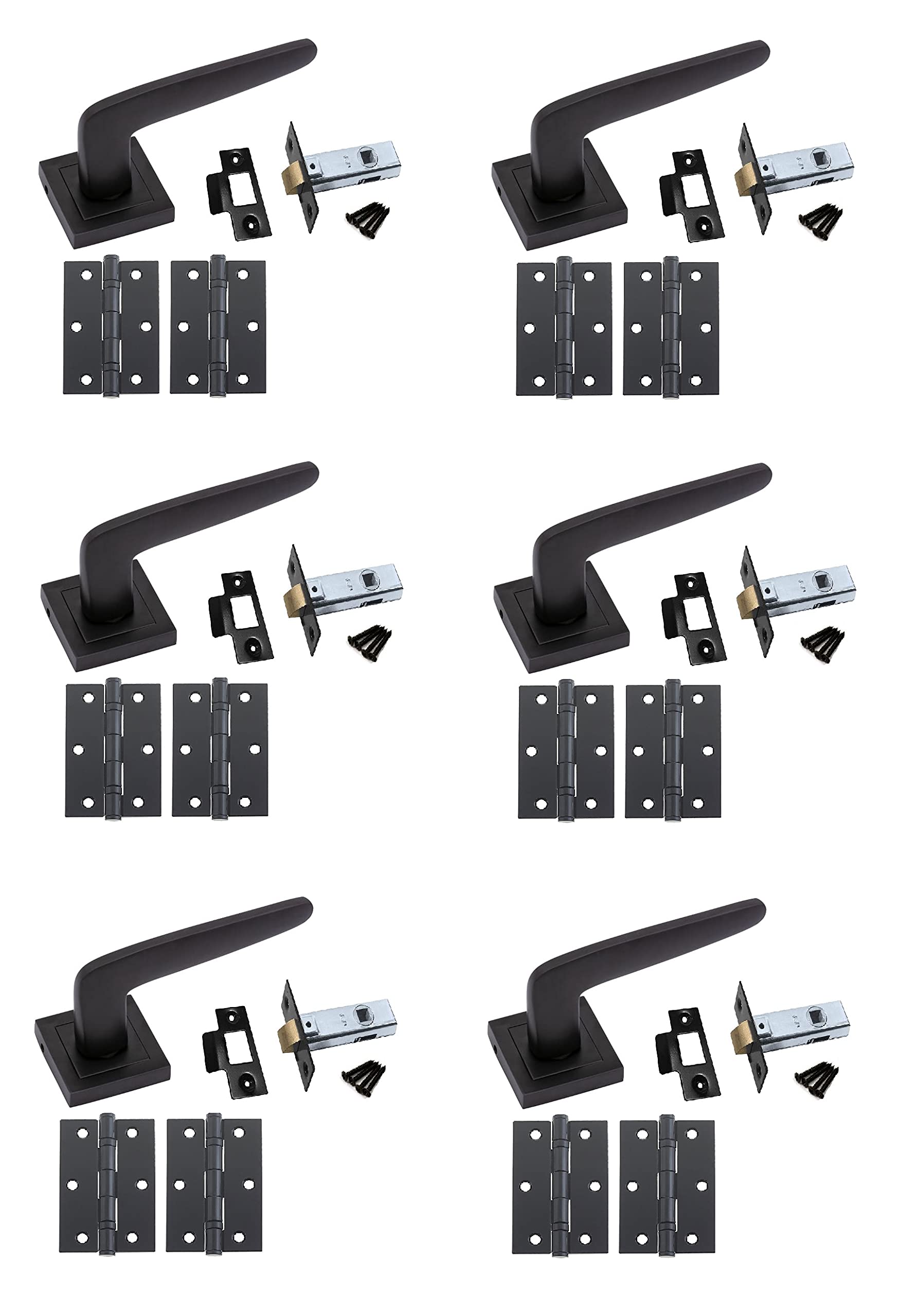 Golden Grace Venus Door Handles on Square Rose in Stunning Matt Black Finish Complete with 64mm Tubular Latch & Ball Bearing Hinges - 6 Set