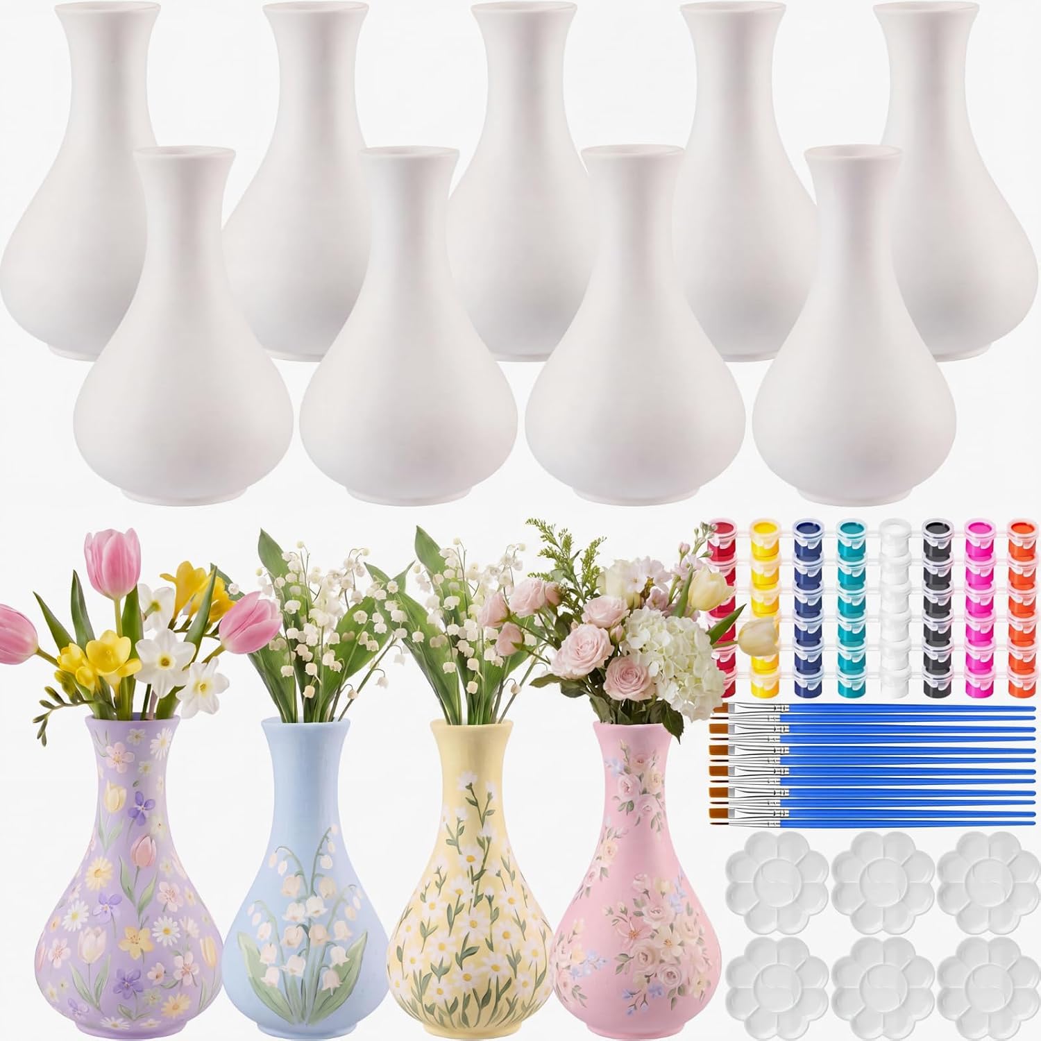 Maxdot 12 Set Paint Your Own Vases DIY Unpainted White Ceramic Vases with Paint Brushes, Paints and Palettes for Adult Holiday DIY Craft Art Activity Home Decor Supplies