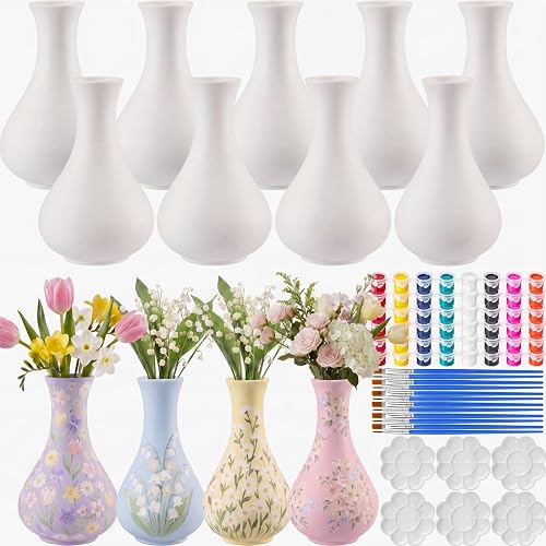 12 Set Paint Your Own Vases DIY Unpainted White Ceramic Vases with Paint Brushes, Paints and Palettes for Adult Holiday DIY Craft Art Activity Home Decor Supplies