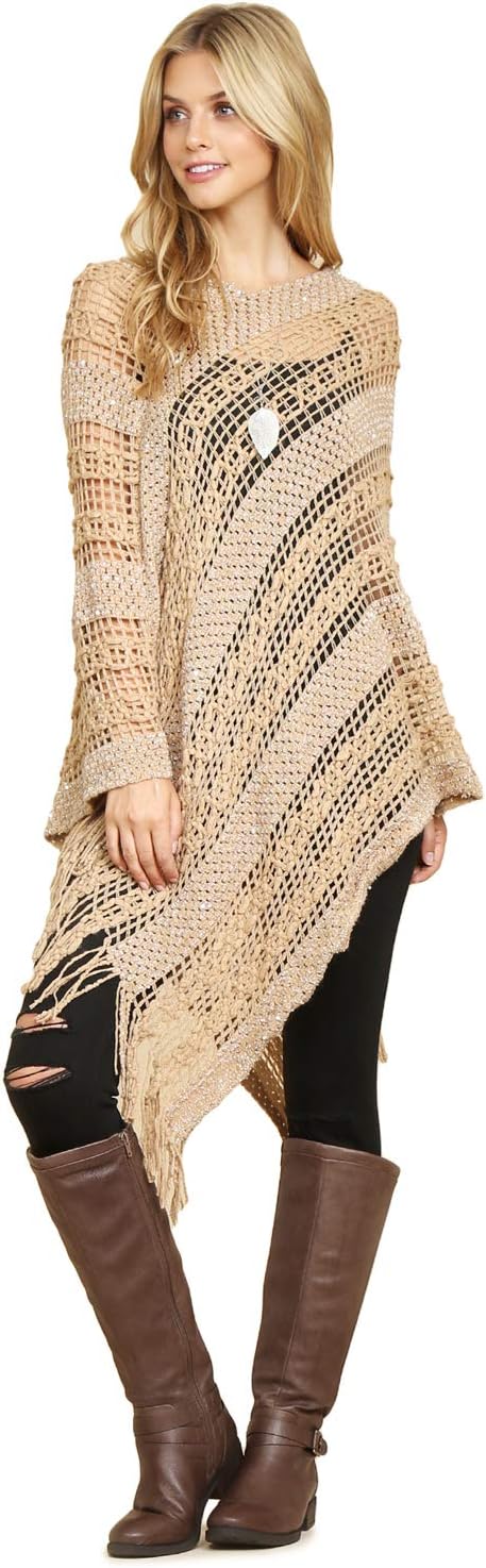 RIAH FASHION Bohemian Sequin Glitter Shawl Wrap Poncho - Kimono Cardigan, Sparkly Metallic Mesh Scarf, Open Knit Crochet image 3