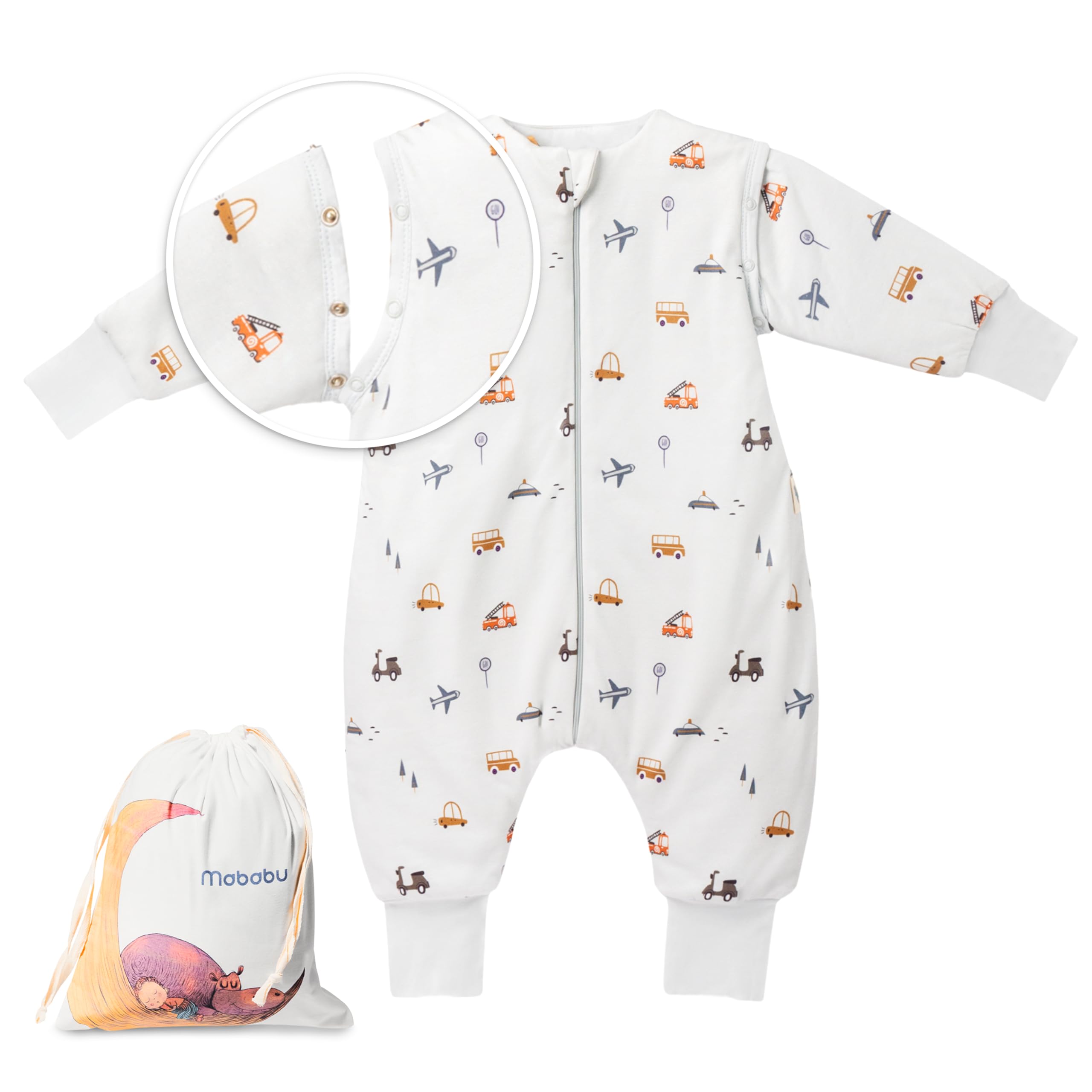 Mababu Ganzjahres Baby Schlafsack mit Füßen & abnehmbaren Ärmeln - 1.5 TOG - 100% GOTS Bio-Baumwolle - Ganzjähriger Kinderschlafsack mit Füßen- umklappbare Bündchen (Car Dream, 90cm)