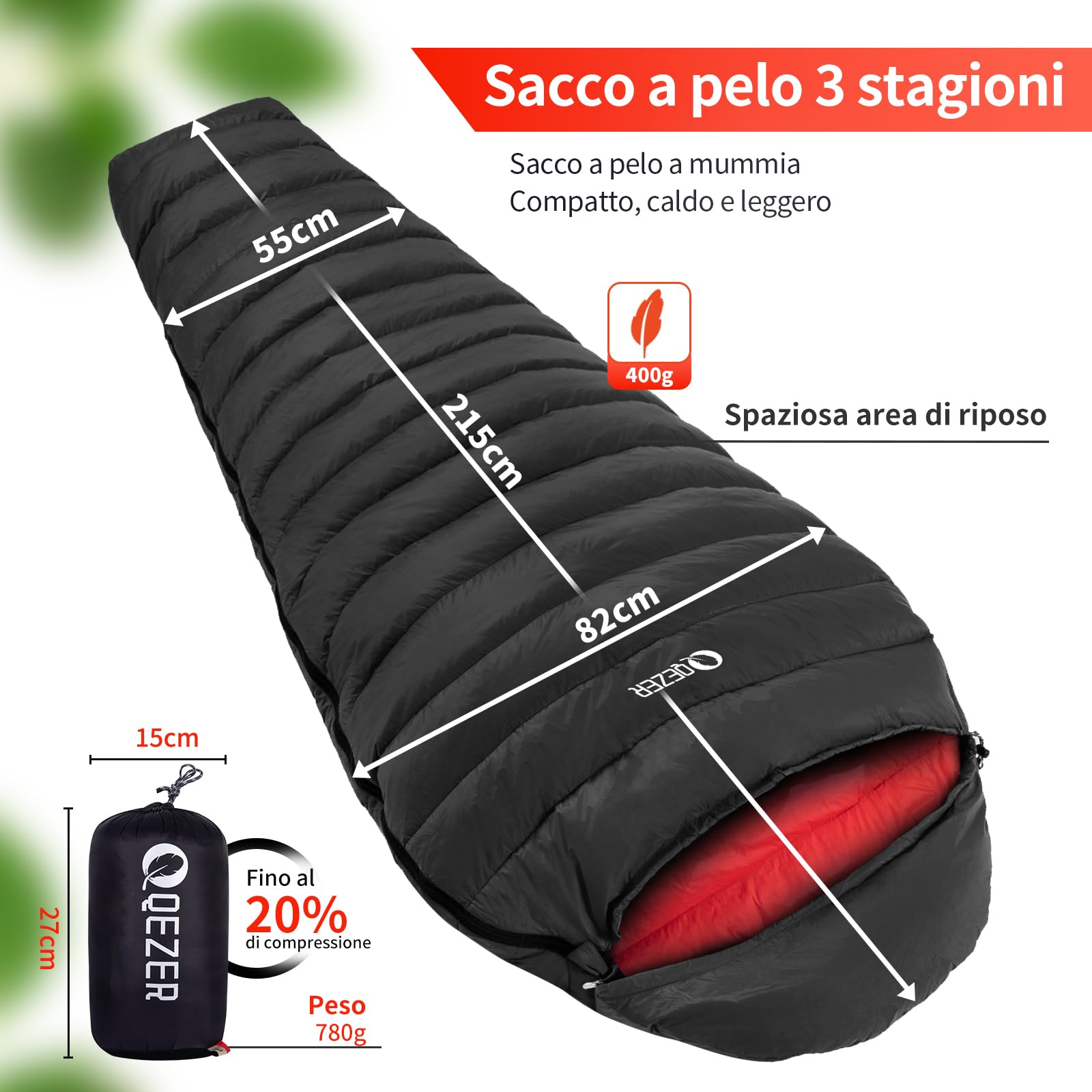 Sacco a Pelo Ultraleggero per Adulti, Sacco a Pelo da Zaino Imbottito 600+FP Piumino d'Anatra 2°C 16°C per il Campeggio e l'Escursionismo all'Aria Aperta