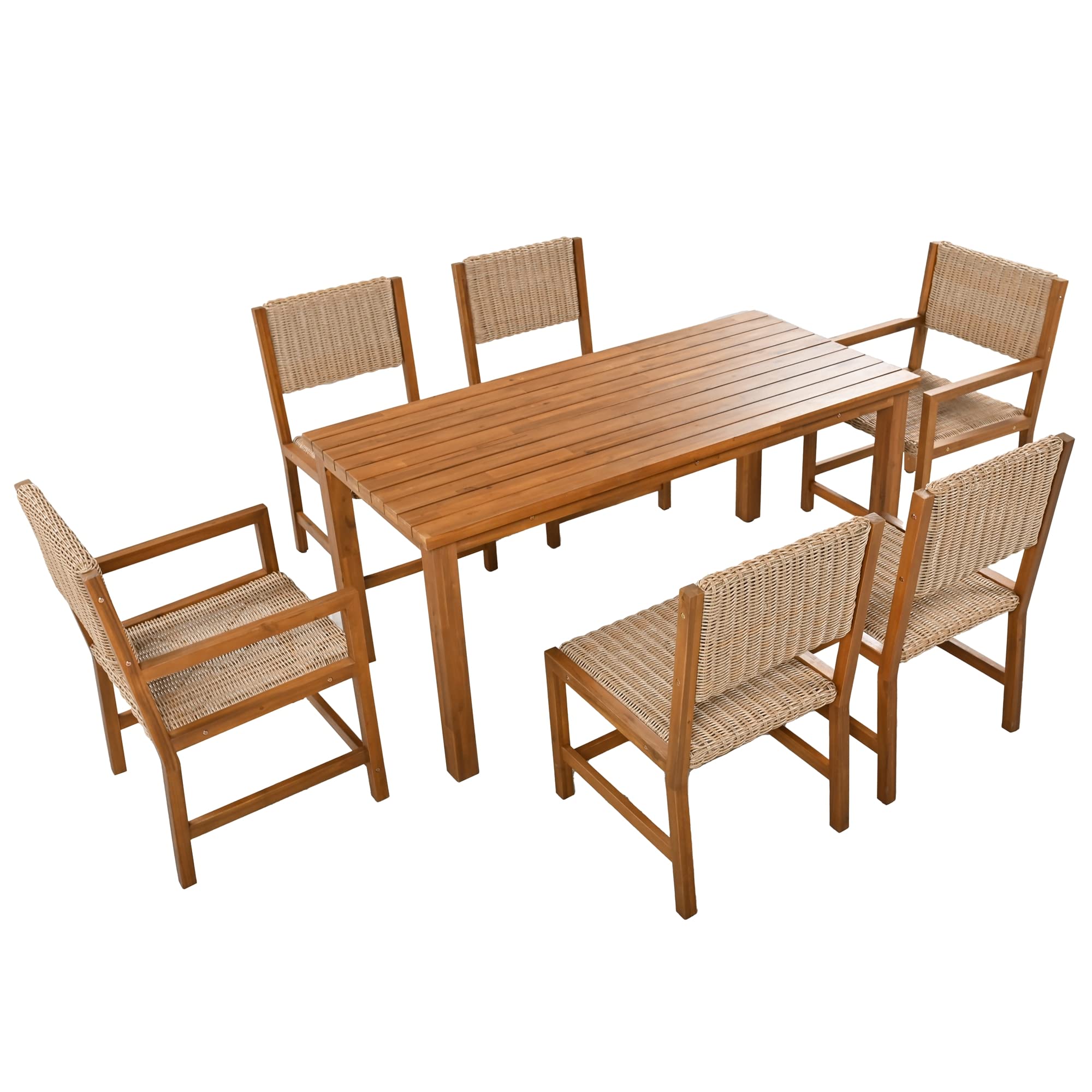 I0I&I0I Lujoso juego de muebles de jardín de 7 piezas para 6 personas, ratán HDPE y madera de acacia, resistente a la intemperie, fácil de montar, color marrón