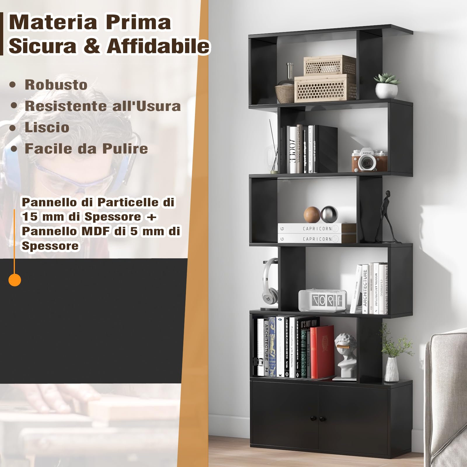 GYMAX Libreria 5 Ripiani, Scaffale Metallico Con 8 Scomparti, Design Antiribaltamento, Marrone