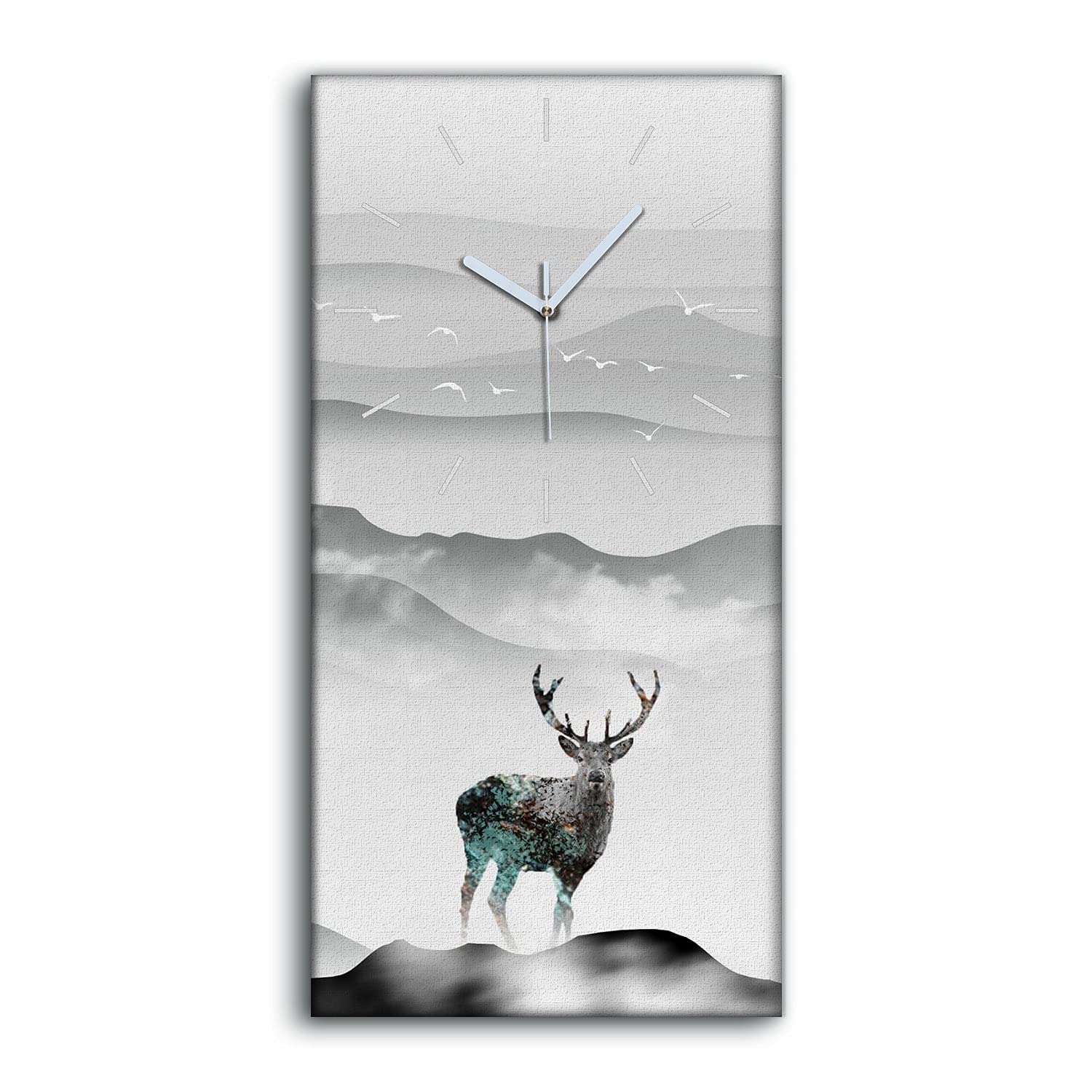 Horloge sur Toile Art Moderne Cerf et Montagnes 30x60cm pour Bureau