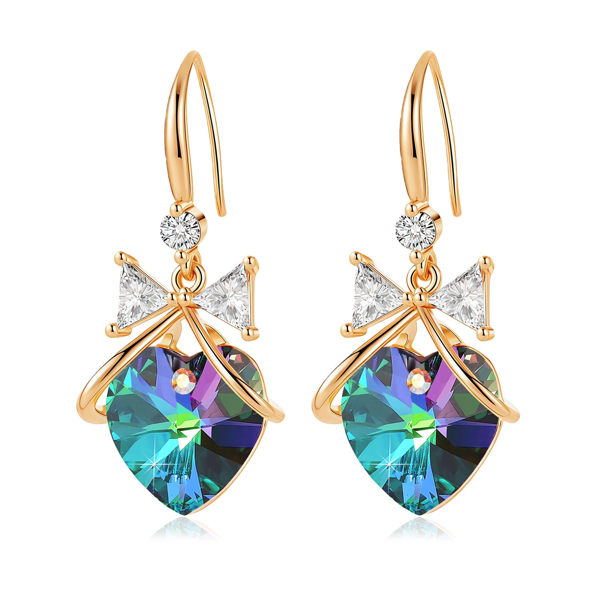 Austrian Crystal Bowknot Heart Drop Dangle Earrings for Women Fashion 14K Gold Plated Hypoallergenic Jewelry