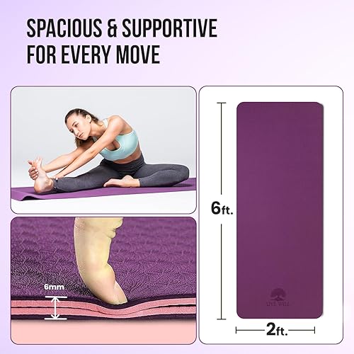 Miniatura 2 de MHW- Live Well Non-Slip Yoga Mat 6mm Extra Thick - Eco-Friendly Cork & TPE Exercise Mat with Carrying Strap & Bag - Hot Yoga Pilates Mat for Home