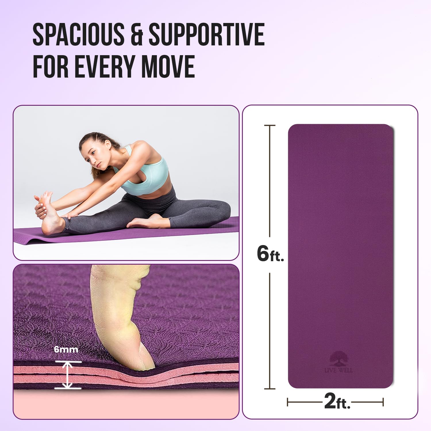 Live Well Thick Yoga Mat - 6mm TPE Non-Slip Exercise Mat for Home Gym, Dual Color (Purple/Pink) Yoga Mats for Women, 6ft x 2ft