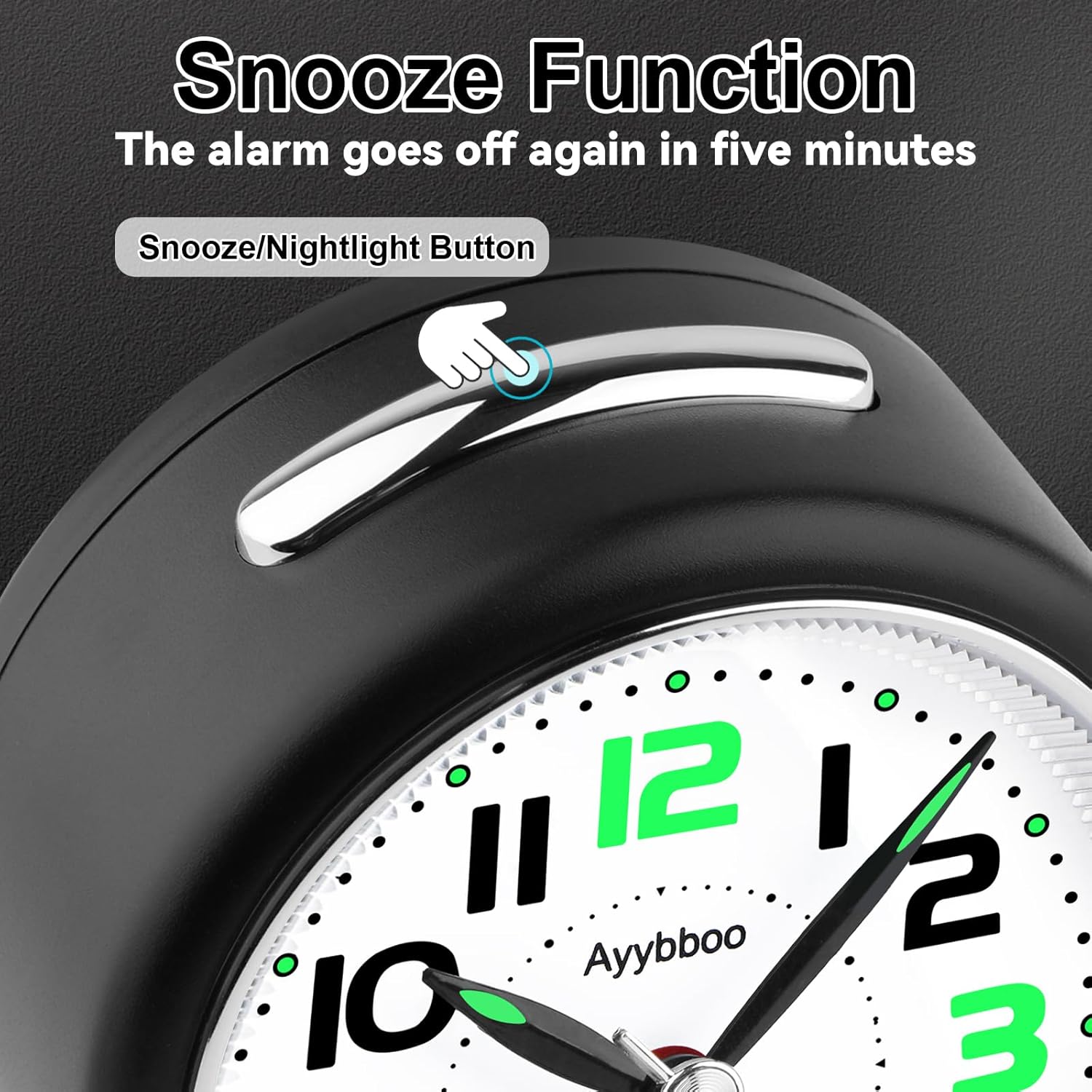 Diagram of the Ayybboo Model 575 alarm clock's back panel with labeled controls