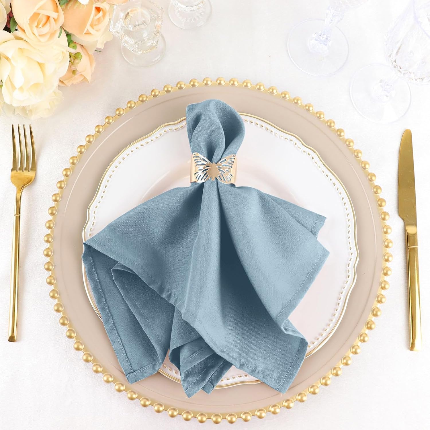 100 pcs 17-Inch Dusty Blue Polyester Table Napkins Reusable Washable Wedding Party Dinner Linens Tableware Supplies
