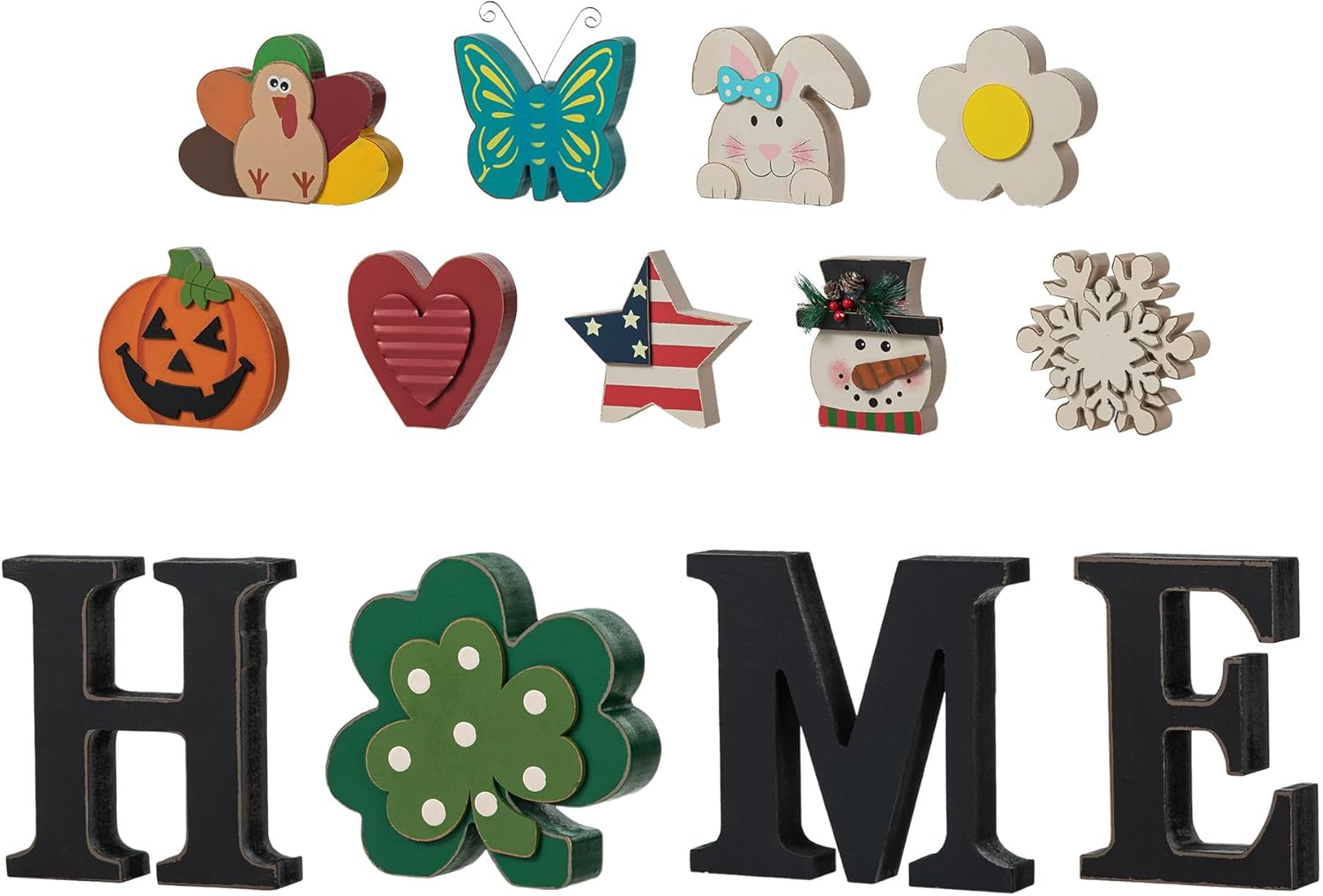 Glitzhome 13-Pc Interchangeable Wooden HOME Signs with Seasonal Icons - Year-Round Holiday Tabletop Decor