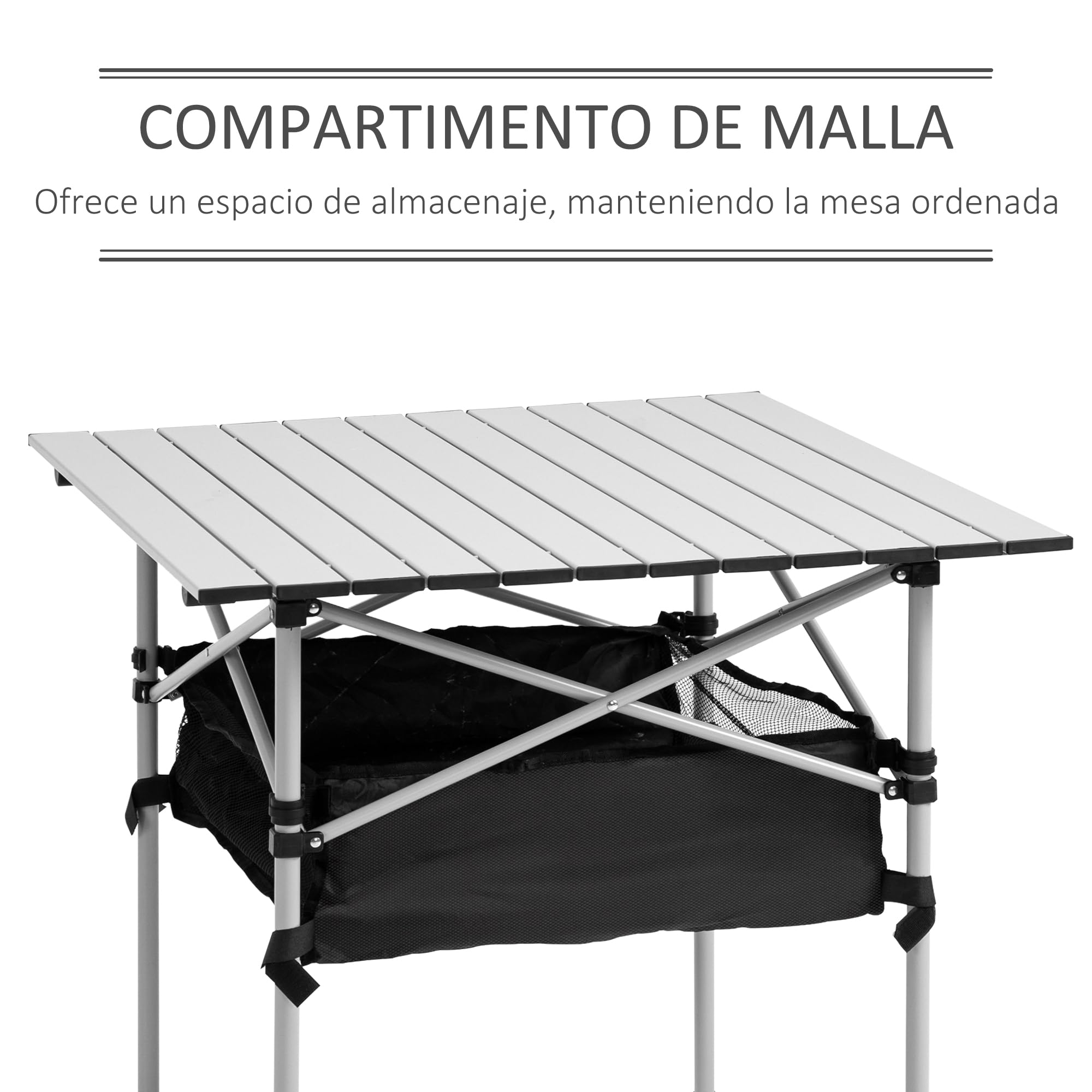 Outsunny Mesa de Camping Plegable Mesa Plegable Portátil Multifuncional con Espacio Almacenaje de Malla y Bolsa de Transporte para Jardín Balcón Patio Exterior 70x70x69 cm Plata