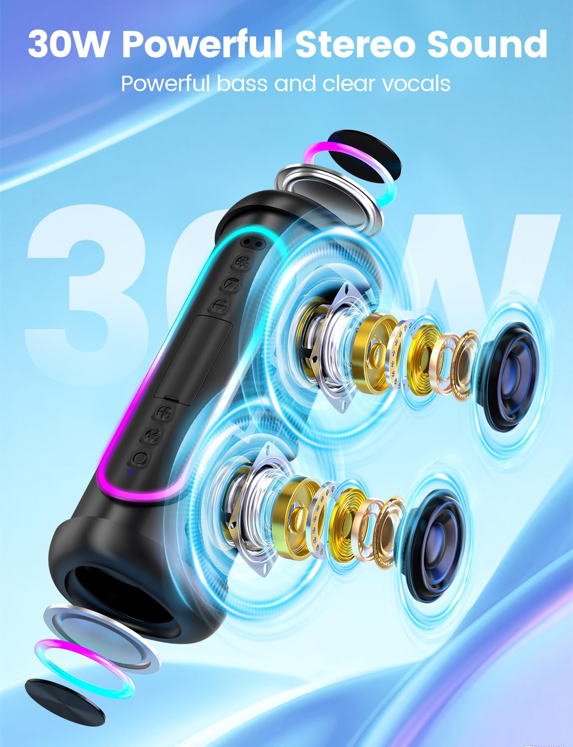 UOHHBOE Głośnik Bluetooth 30W, do 30H pracy, Bluetooth 5.4, TWS Stereo, Podświetlenie RGB, IPX5 odporny na zachlapania, USB/TF/AUX – do domu, podróży i na zewnątrz | Bluetooth 5.4, TWS stereo 360°, czas pracy 30H, 4 tryby RGB, IPX5, Type-C, głośnik bezprz