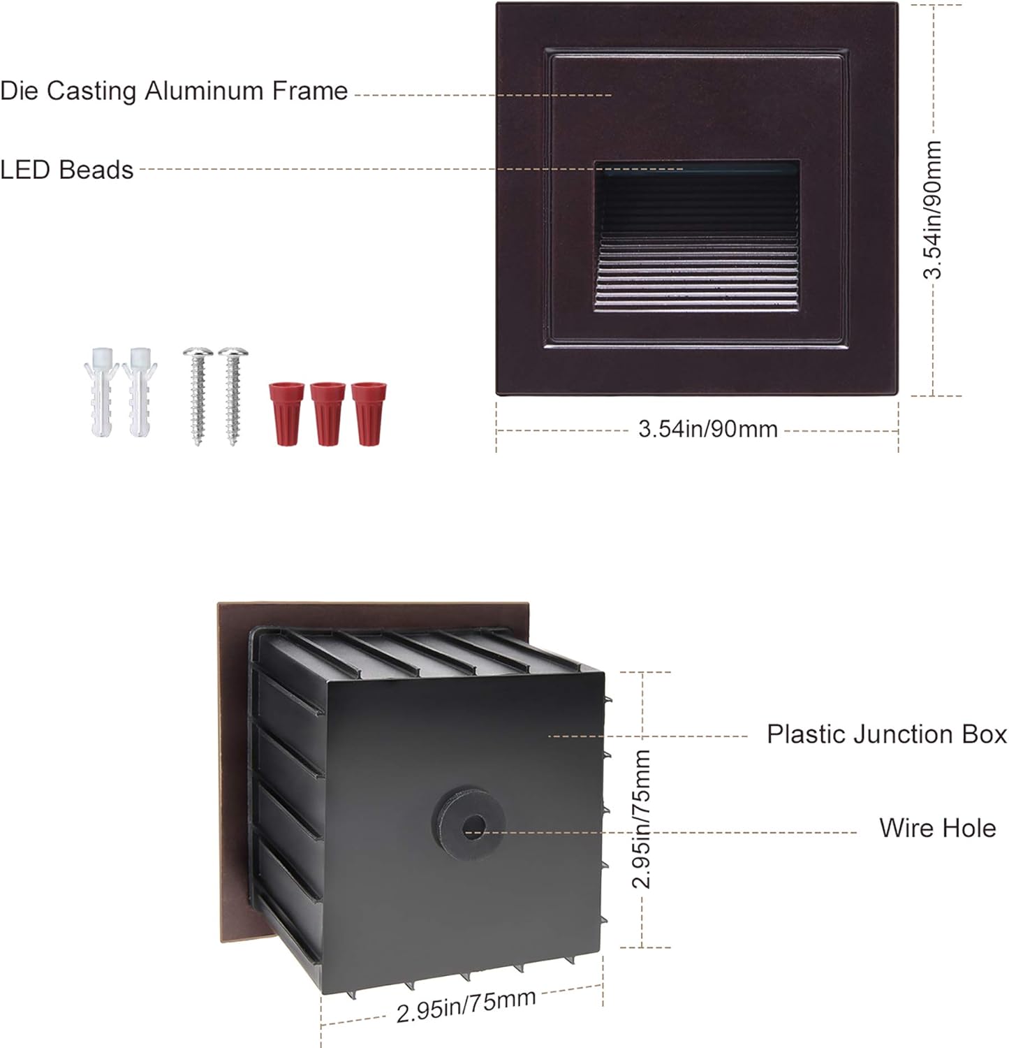 New Product SUPERDANNY 120V LED Step Light with Junction Box, Indoor/ Outdoor IP65 Waterproof 3000K Warm White 3W Stair Light Fixture, Wall Mount Square Staircase Lamps for Pathway Driveway Yard Lawn, 4 Pack