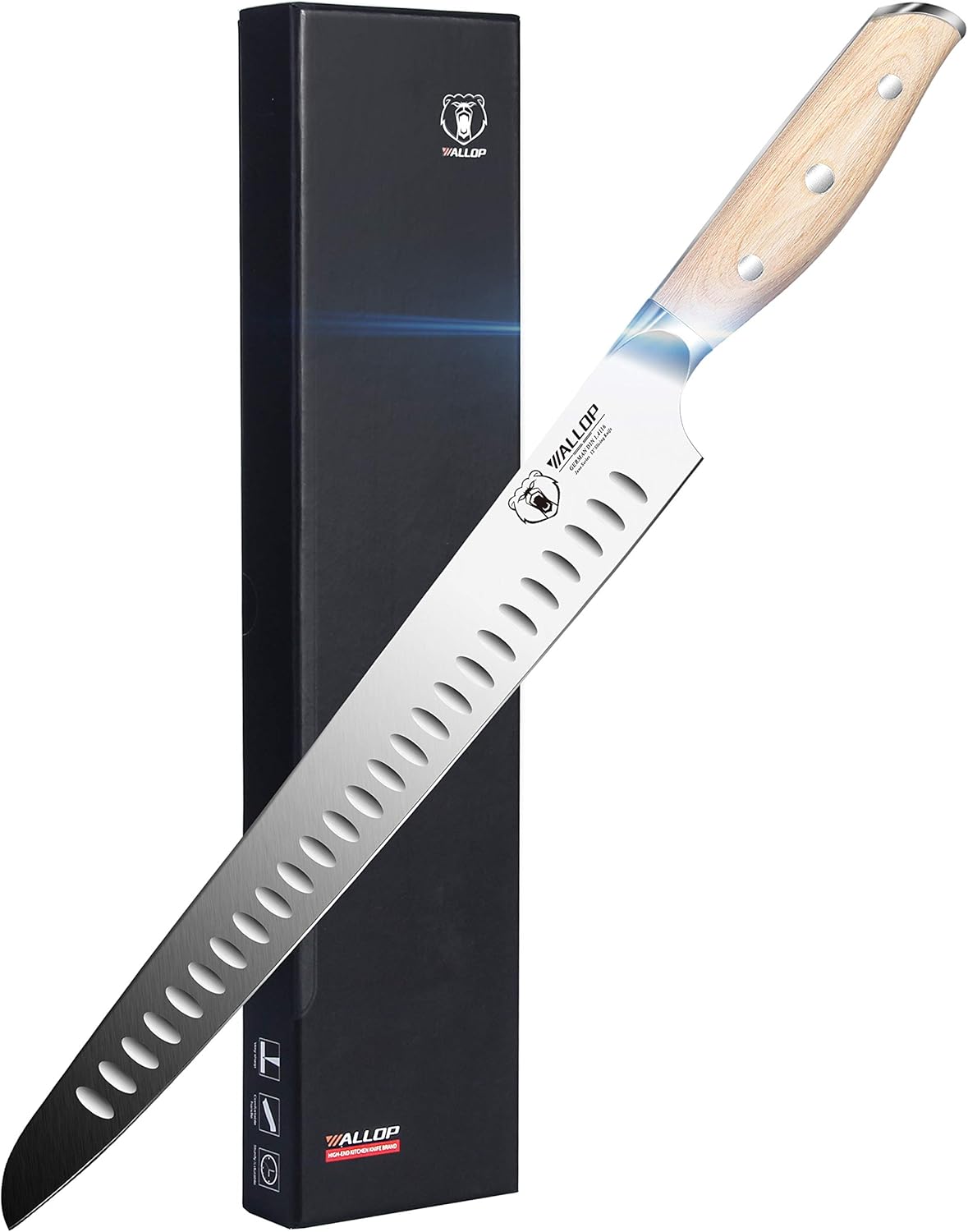 WALLOP Slicing Knife - 12 Inch Slicing Carving Knife, German Stainless Steel Meat Carving Knife, Straight Bread Knife - Full Tang Natural Pakkawood Handle with Gift Box : Tools & Home Improvement