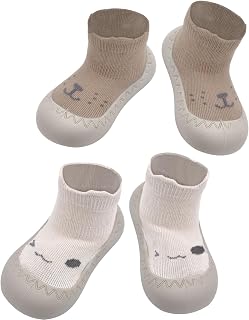 APOMOONS 2 paar babysokschoenen, antislip schattige cartoon zachte breiende babyvloerschoenen, kruipsokken, baby blootsvoetschoenen, kinderschoenen voor babymeisjes jongens, wit, 21 EU, wit, 21 EU,