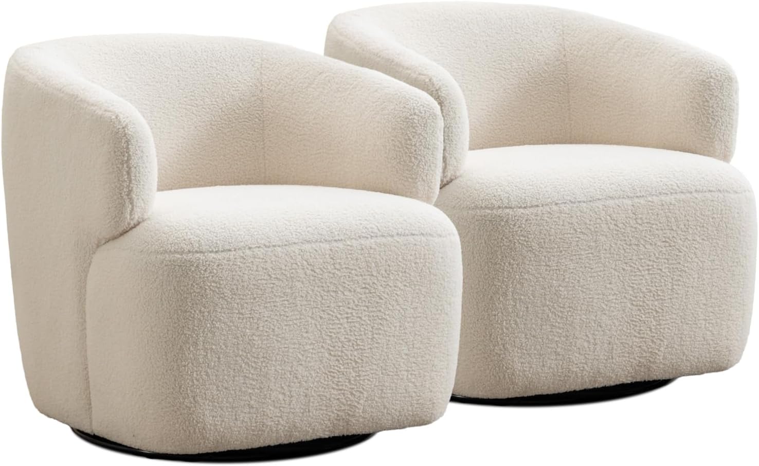 Swivel Accent Chair Set of 2, Sherpa Teddy Barrel Chair for Living Room, Cozy Round Boucle Arm Chair, Metal Base for Club Nursery Bedroom, Beige Cream White