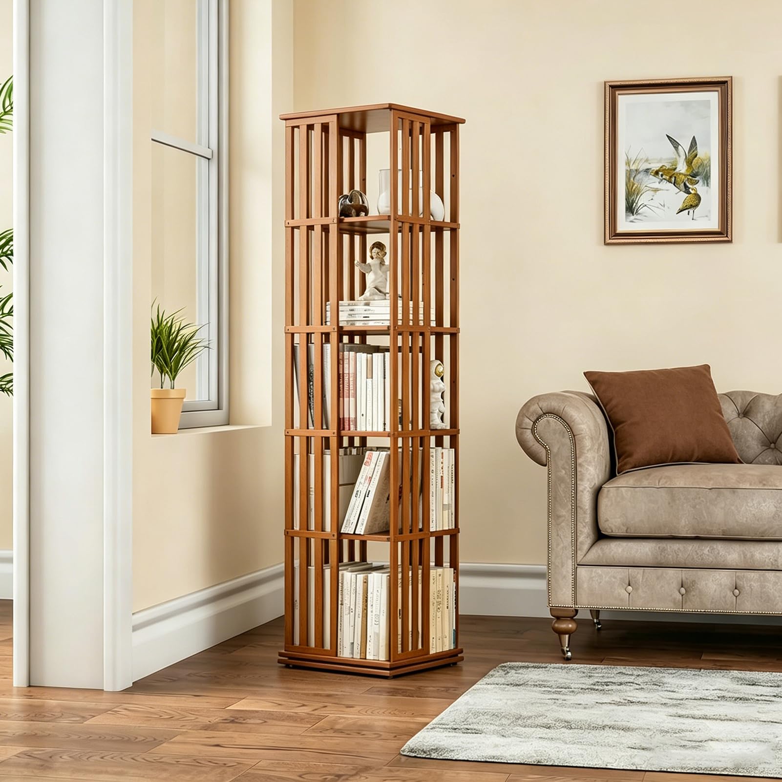 Drehbares Bücherregal aus Bambus – 5 Ebenen 360° Rotationsregal, platzsparendes Standregal für Schlafzimmer, Wohnzimmer & Arbeitszimmer (37x37x149cm)