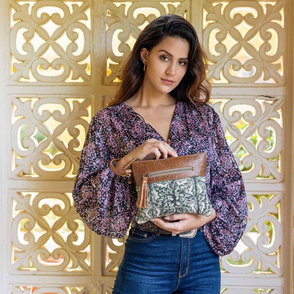 Myra Bag Hope Pouch - 9.5x8 Western Travel Makeup Bag, Organizer with Canvas and Leather Wrist Strap, Small Travel Toiletry Bag for Women, Compact Cosmetics Case, Cute Skincare Pouch, Boho Gift