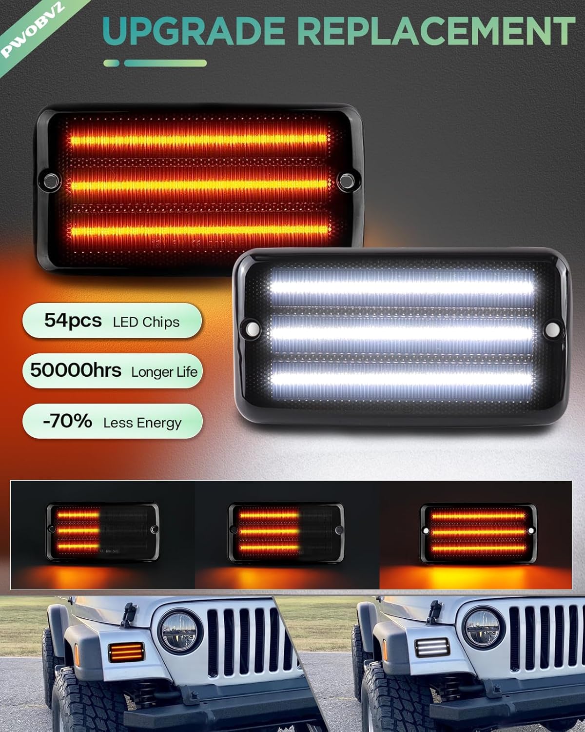 Amber White Switchback Turn Signal Lights Compatible with Jeep Wrangler TJ 1997-2006, Sequential DRL Daytime Running Side Marker lamps, Front LED Smoked Lens 4PC