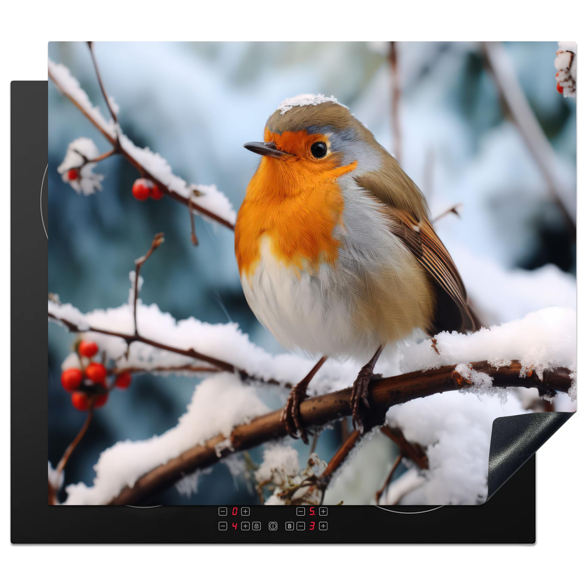 KitchenYeah© Induction Hob Protector Mat 20.5"x23.6" / 60x52 cm Stove Cap Top Cover Kitchen Cooker Covers for Electric Hobs Vinyl Robin - Winter - Snow - Bird - Nature — image 1