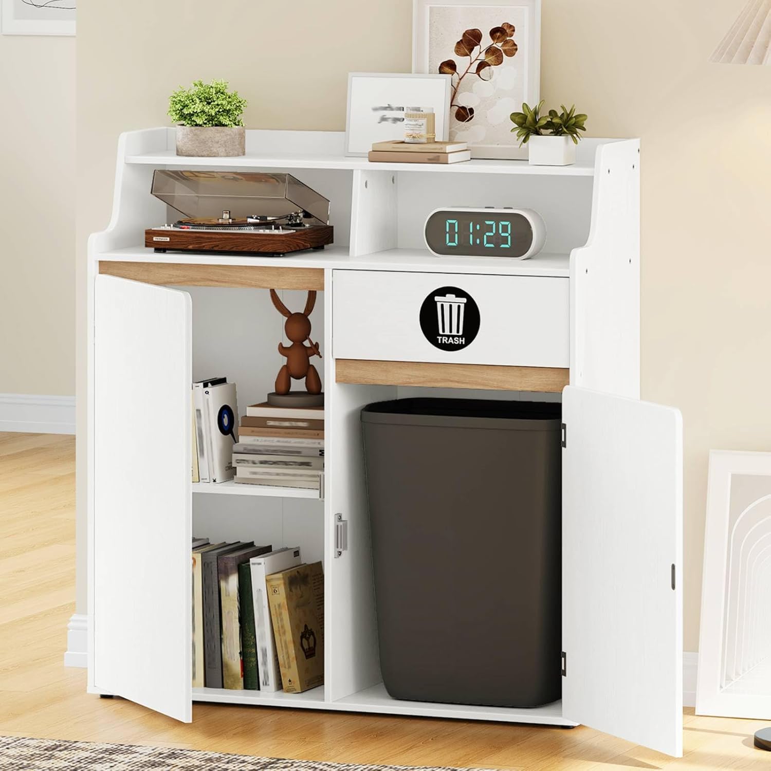 HOOBRO Double Trash Cabinet, 20 Gallon Trash Storage Kitchen Trash Can Cabinet, Removable Shelf & Anti-Tip Kit, Hidden Trash Storage with Open Compartments,White and Natural WN05LJ01